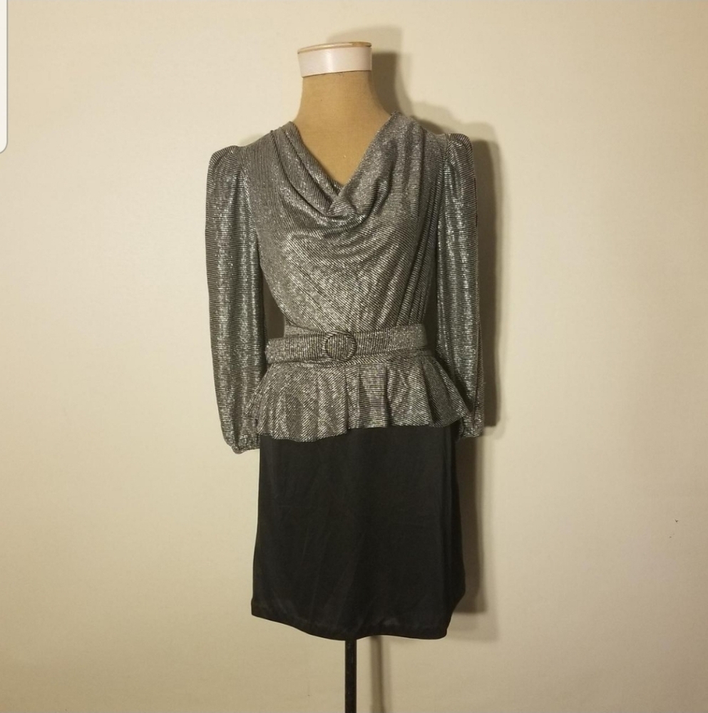 1970's Joni Blair Of California Silver Lurex & Black Peplum Dress W/ Belt Size 9